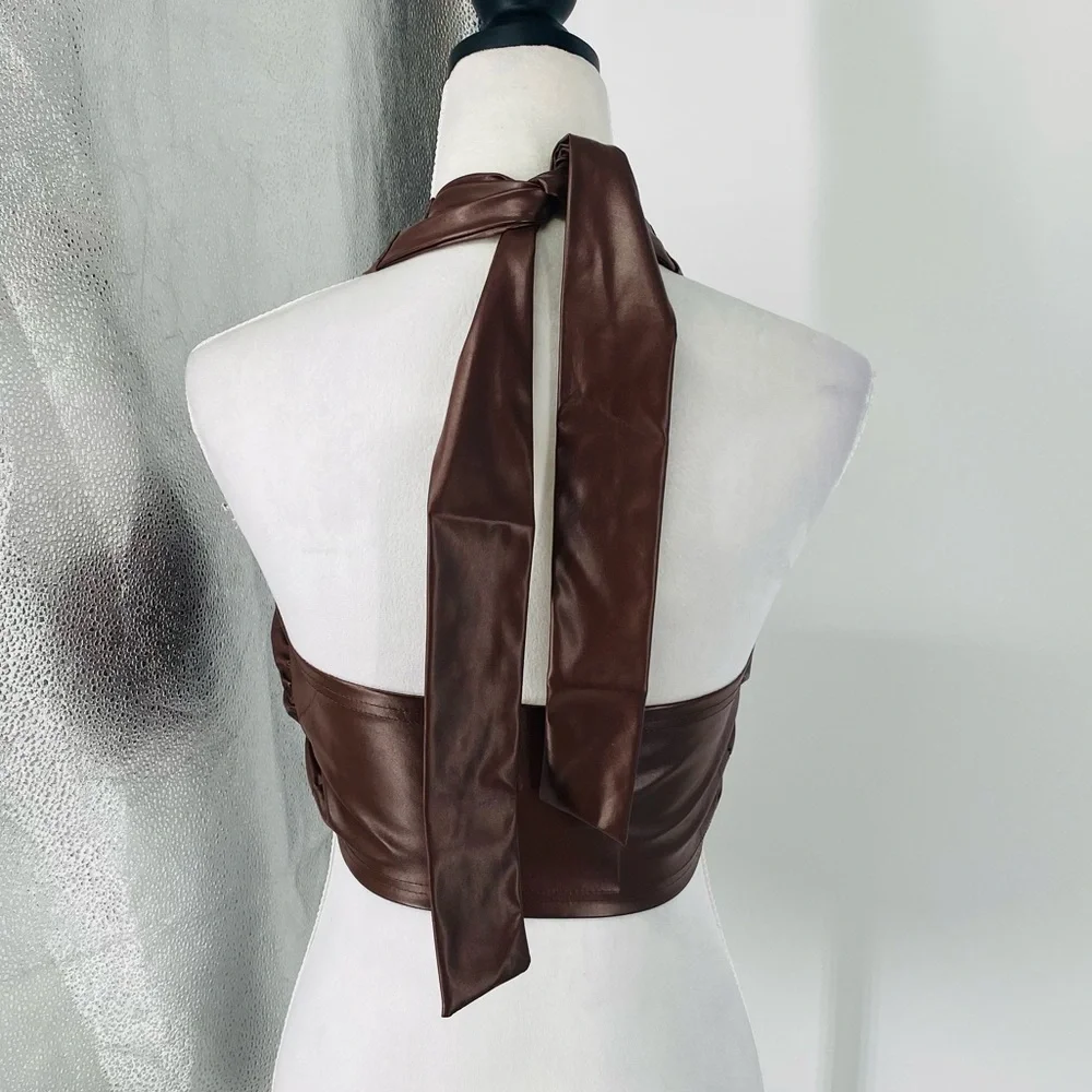 Brown Faux Leather Vegan Leather Sleeveless Halter Neck Open Back Crop Top - Picture 10 of 13